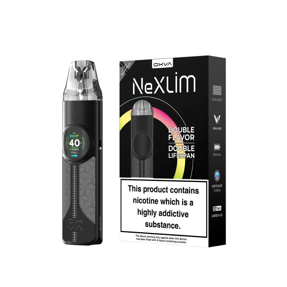 OXVA Nexlim pod kit in "Terrain Black" colour with packaging on a white background.