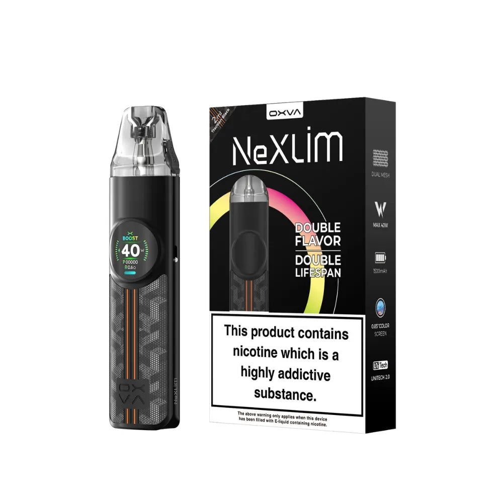 OXVA Nexlim pod kit in "Traction Black" colour with packaging on a white background.