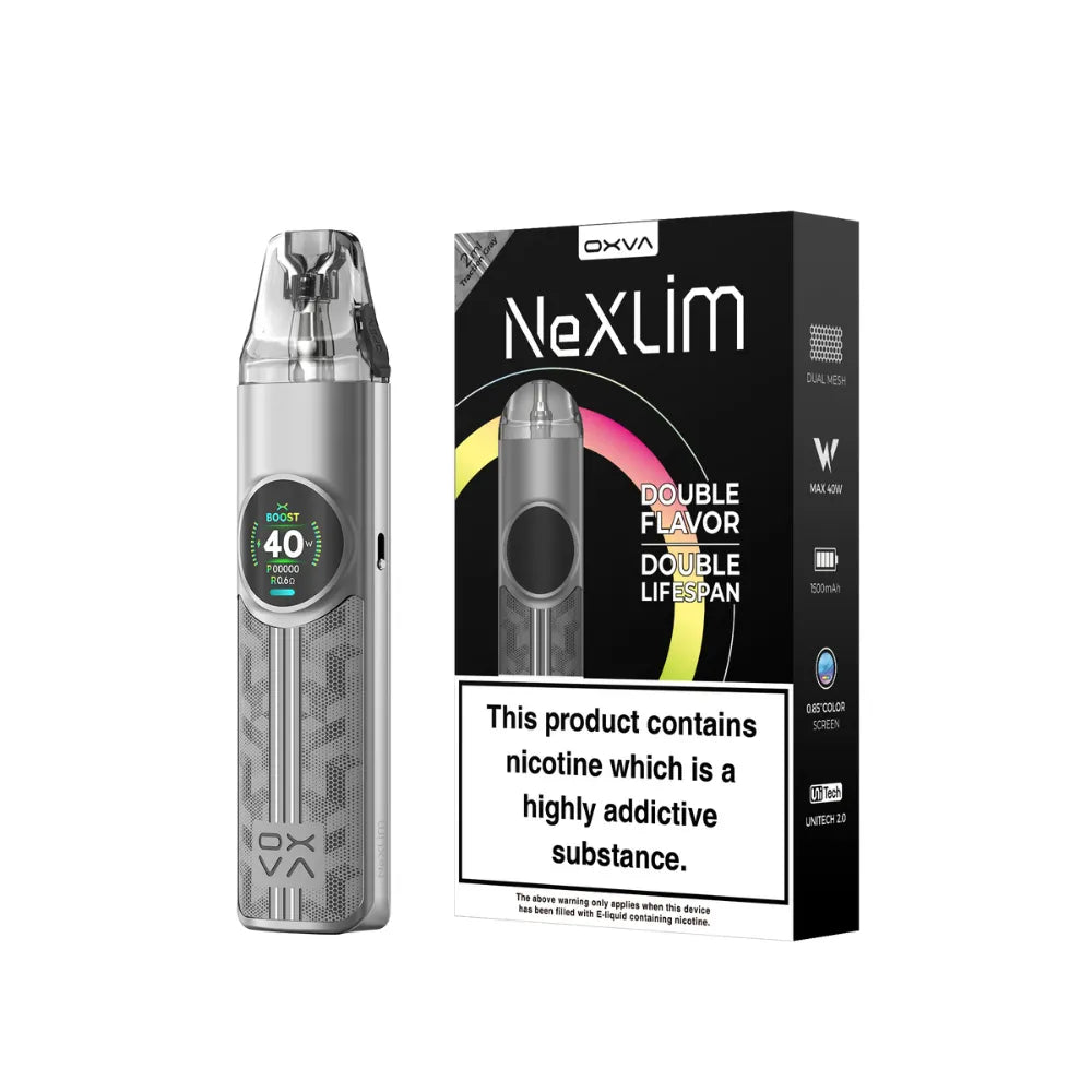 OXVA Nexlim pod kit in "Traction Grey" colour with packaging on a white background.