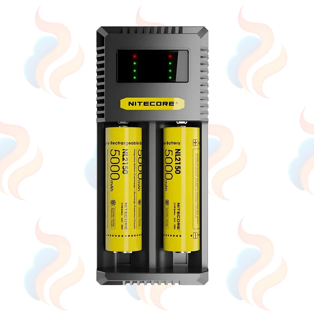 Nitecore battery charger with two yellow batteries on a white background