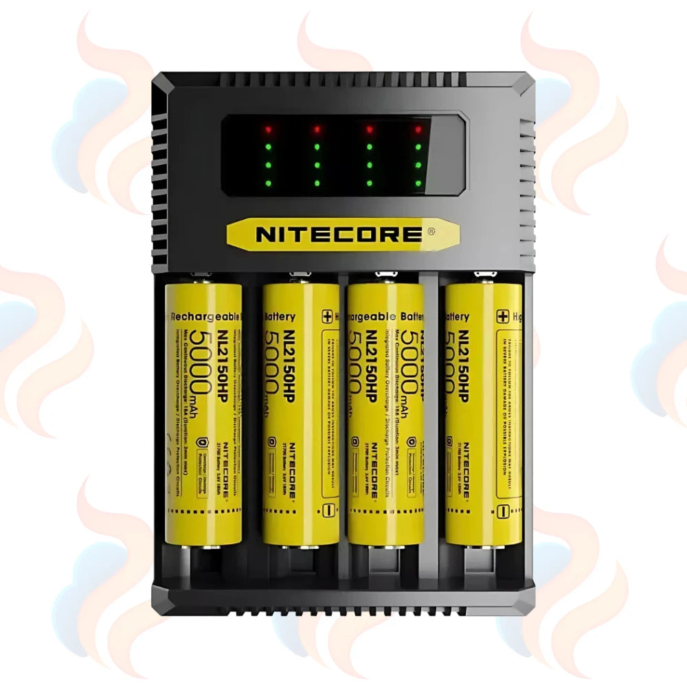 Nitecore battery charger with four yellow batteries on a white background