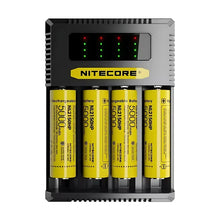 Nitecore battery charger with four yellow batteries on a white background