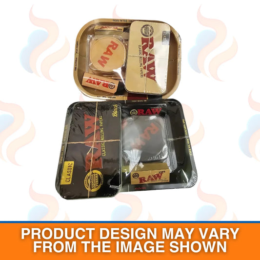 Non authentic raw rolling trays with various accessories on a white background