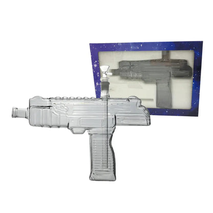 A silver-metallic SMG inspired waterpipe with packaging on a white background