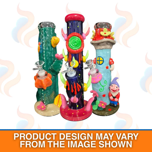 Colourful smoking accessories with cartoonish designs on a white background
