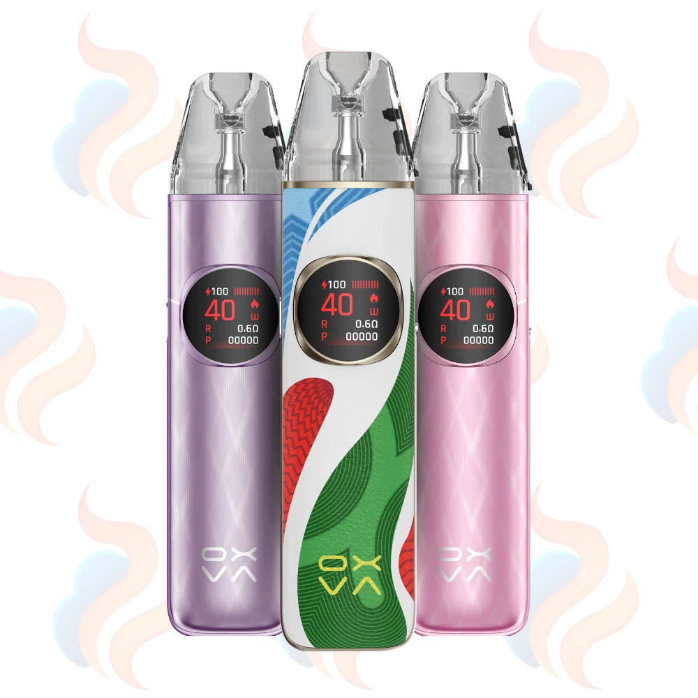 Three vape devices standing upright against a white background with soft pastel swirl graphics. The left device is lavender purple, the centre device has a white body with blue, red, and green wavy patterns, and the right device is light pink.