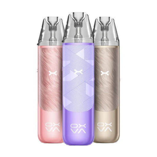 Three vape devices in pink, purple, and beige on a white background