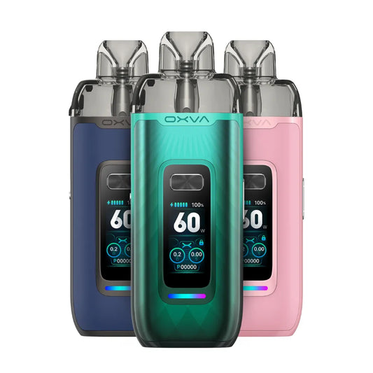 Three OXVA vaping devices in blue, green, and pink on a white background