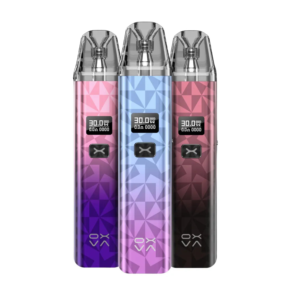 Three OXVA vapes with geometric patterns on a white background