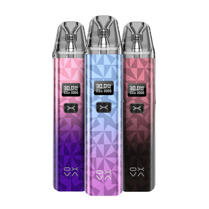 Three OXVA vapes with geometric patterns on a white background