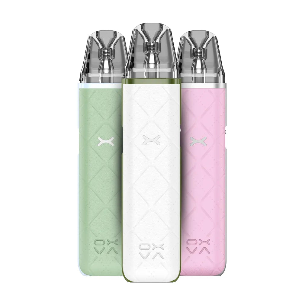 Three vape devices in green, white, and pink on a white background