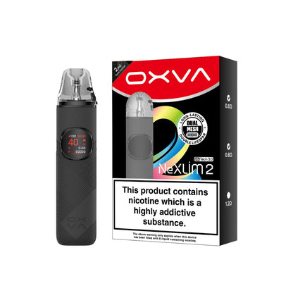 An Oxva Nexlim 2 pod vape device in black with a digital screen, shown next to its black and red retail packaging box on a plain white background.