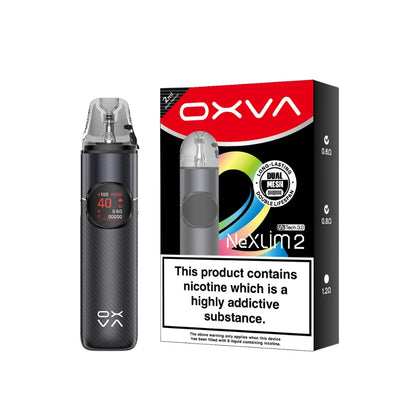 An OXVA NexLim 2 pod vape device in black carbon fibre texture shown next to its retail packaging box on a plain white background.