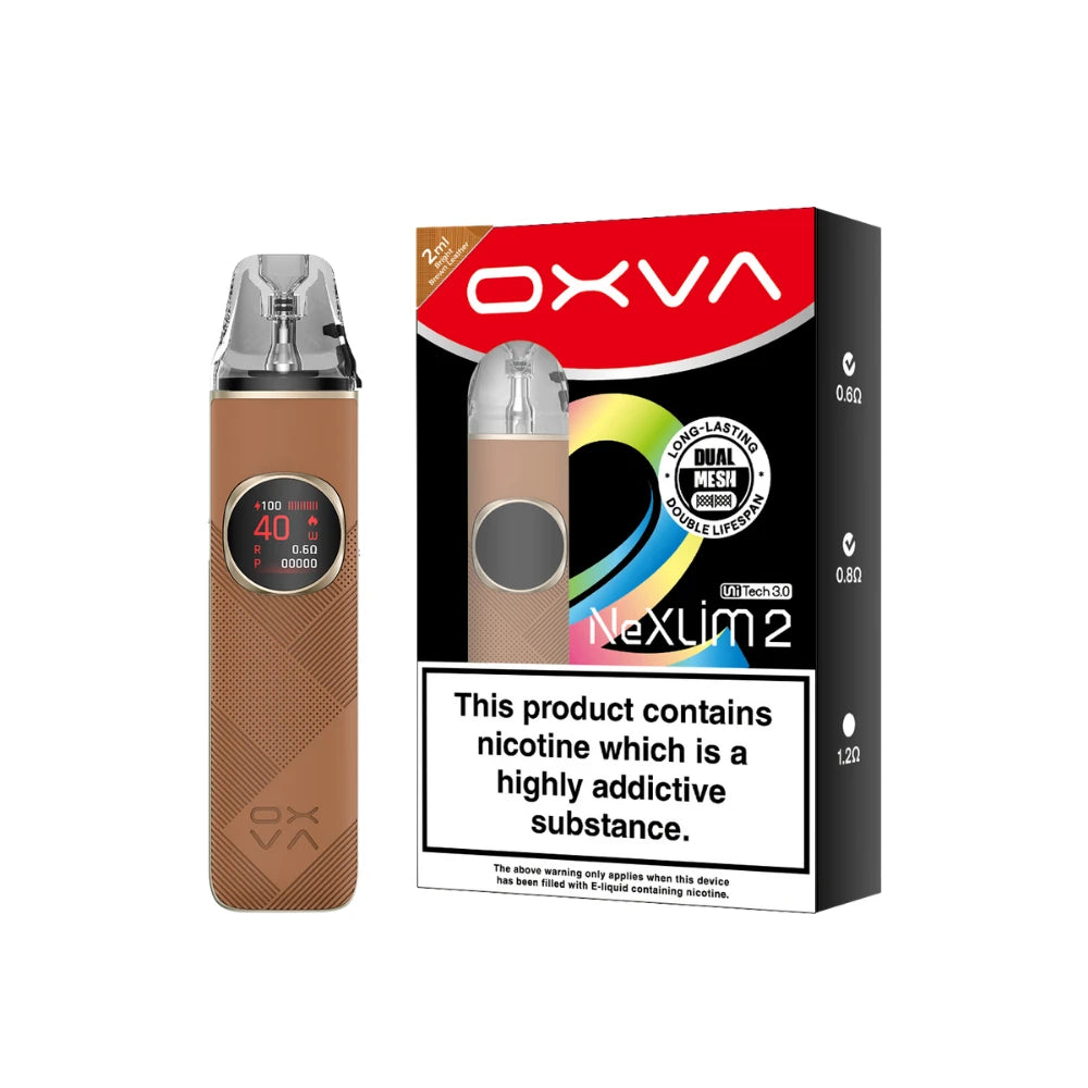 An Oxva Nexlim 2 pod vape device in a textured tan-brown colour stands next to its retail packaging box on a plain white background. The box is black and red with a prominent nicotine warning label.