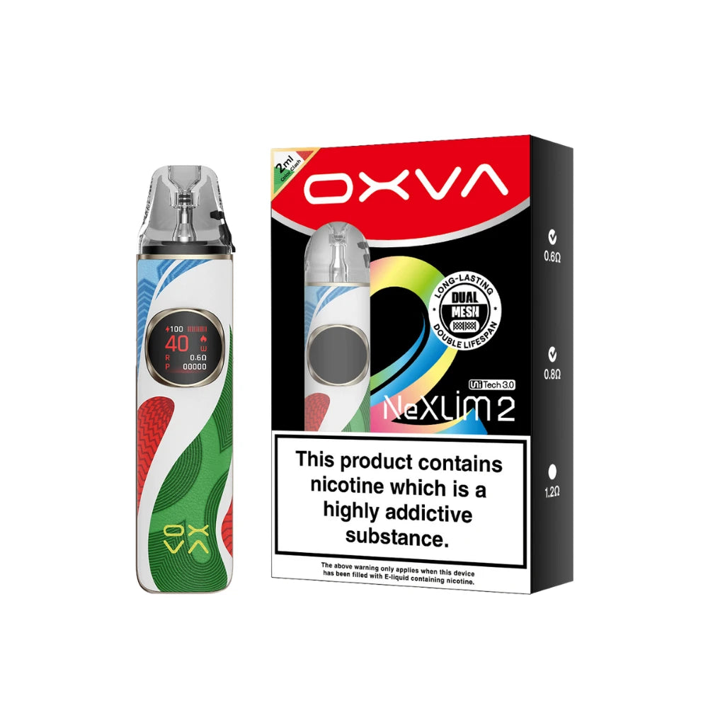 An Oxva NexLim 2 pod vape device with a colourful abstract pattern, shown next to its black and red retail packaging box on a plain white background.