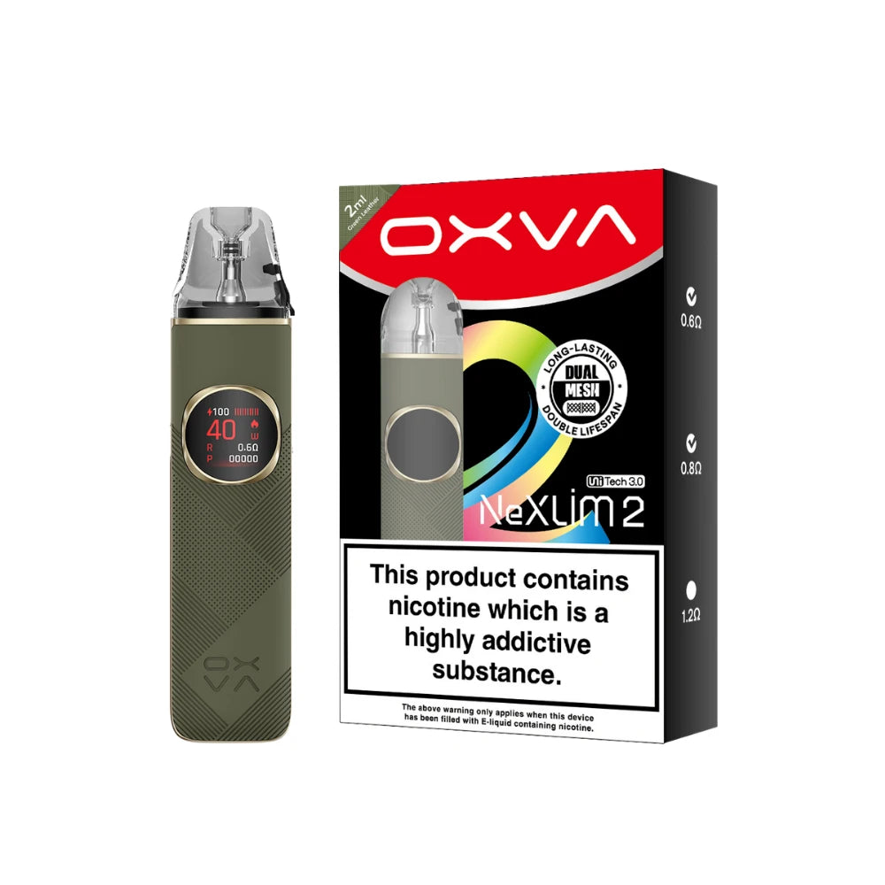 An OXVA NexLim 2 pod vape device in olive green stands next to its retail packaging box on a plain white background. The box is black with a red OXVA logo and a prominent nicotine warning label.