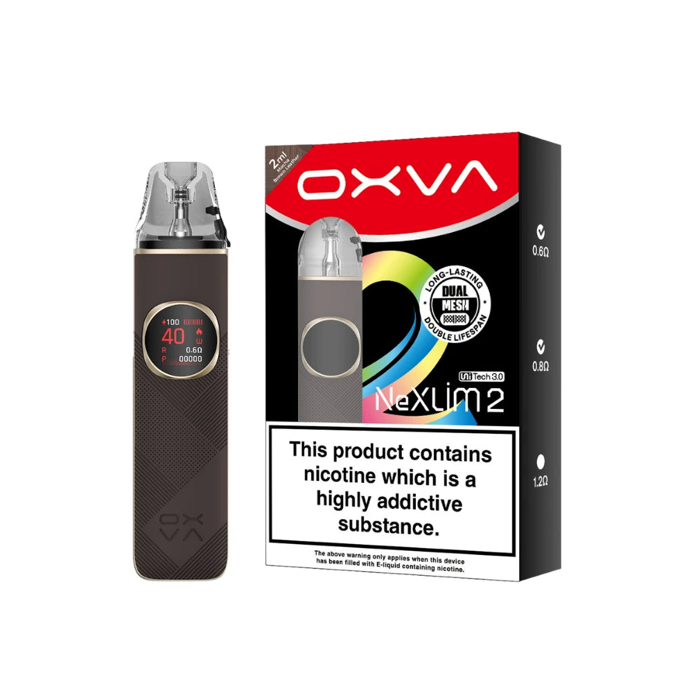 An OXVA NexLim 2 pod vape device in dark brown textured plastic with a digital screen, shown next to its black and red retail packaging box on a plain white background.