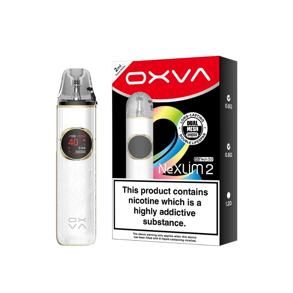 An OXVA NexLim 2 pod vape device in clear with a digital screen, shown next to its black and red retail packaging box on a white background.