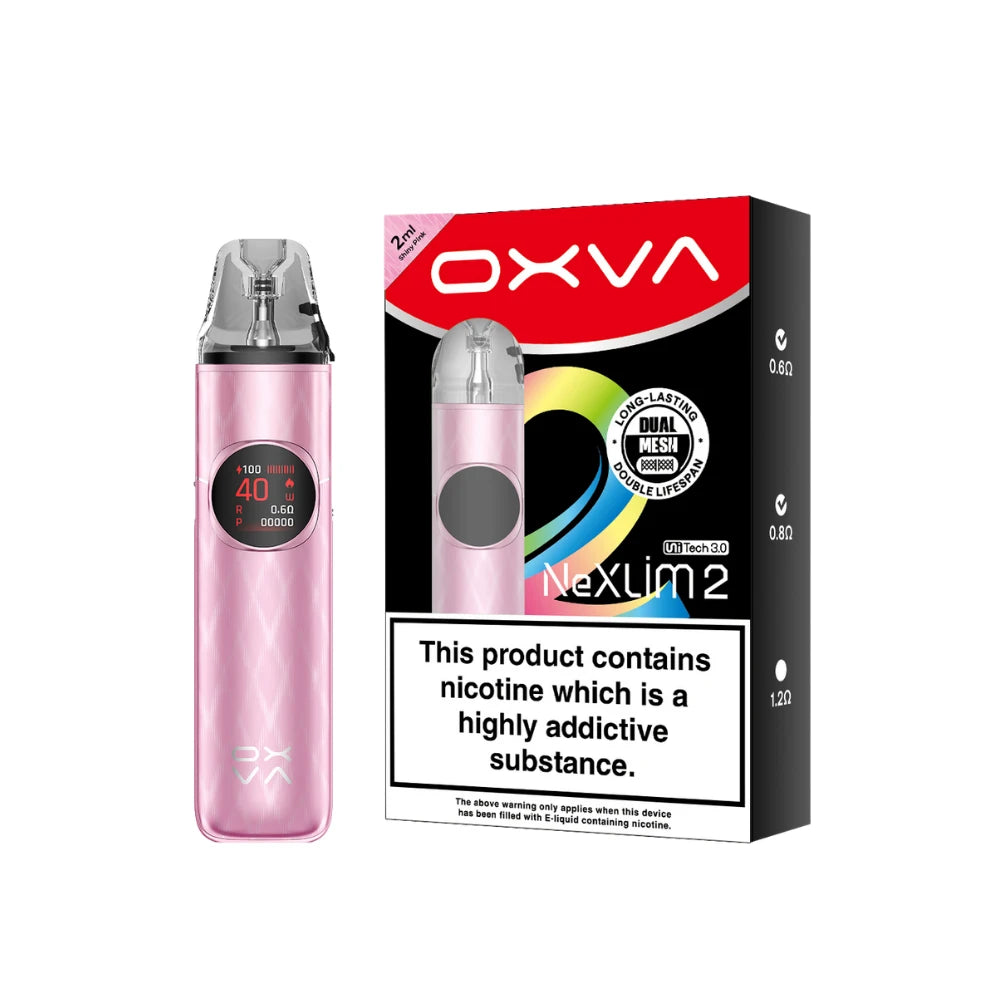 A pink Oxva NexLim 2 pod vape device shown next to its retail packaging box on a plain white background.