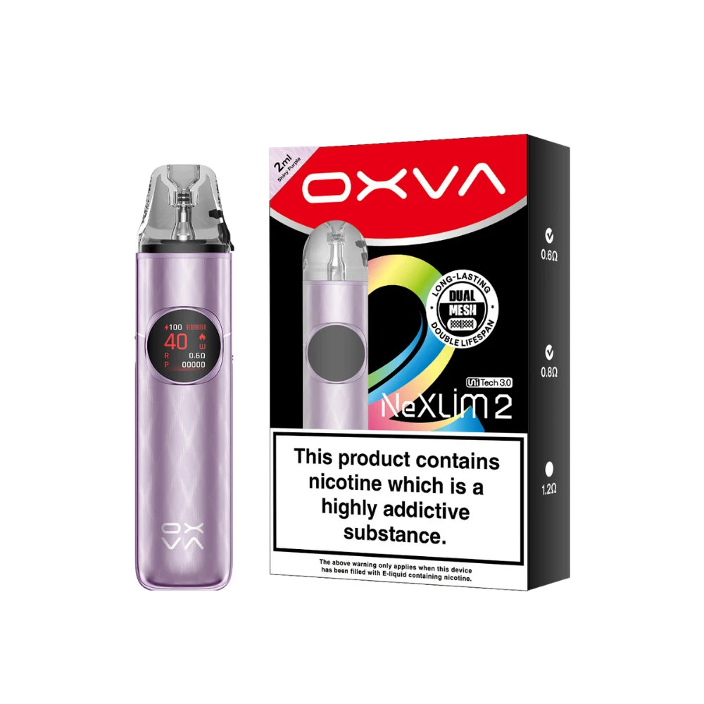 An OXVA Nexlim 2 pod vape device in a light purple/lavender colour stands next to its retail packaging box on a plain white background. The packaging is black and red with a prominent nicotine warning label.