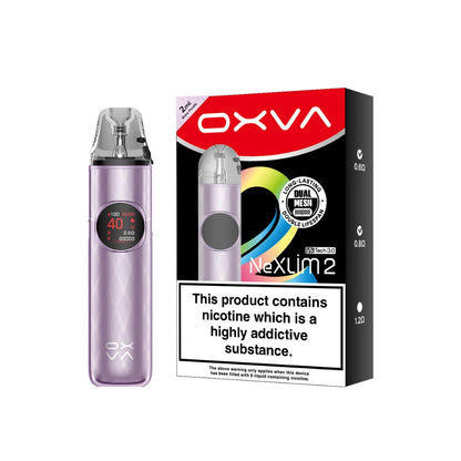 An OXVA Nexlim 2 pod vape device in a light purple/lavender colour stands next to its retail packaging box on a plain white background. The packaging is black and red with a prominent nicotine warning label.