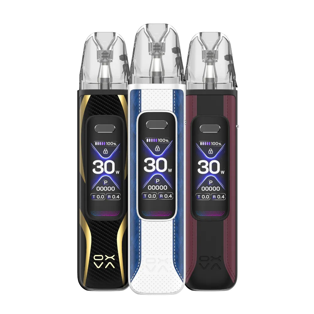 Three OXVA Xlim Pro 3 pod devices with digital displays on a white background