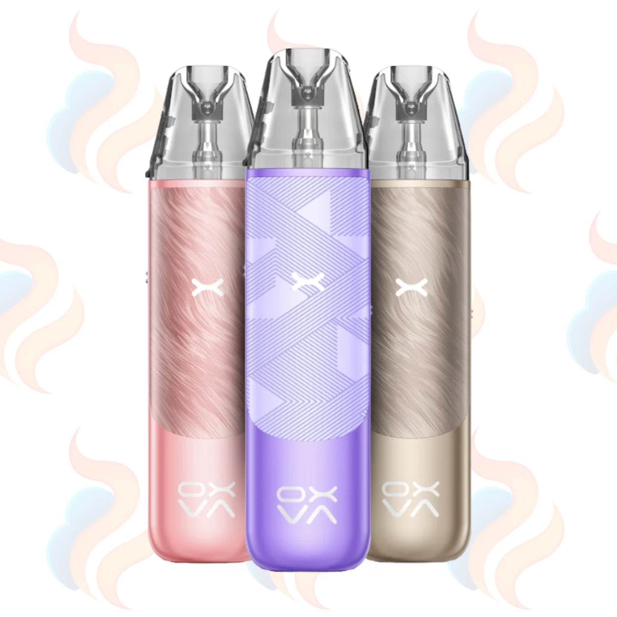Three OXVA Nexlim Go vape devices in pink, purple, and beige on a white background with decorative elements.