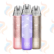 Three OXVA Nexlim Go vape devices in pink, purple, and beige on a white background with decorative elements.