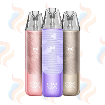 Three OXVA Nexlim Go vape devices in pink, purple, and beige on a white background with decorative elements.