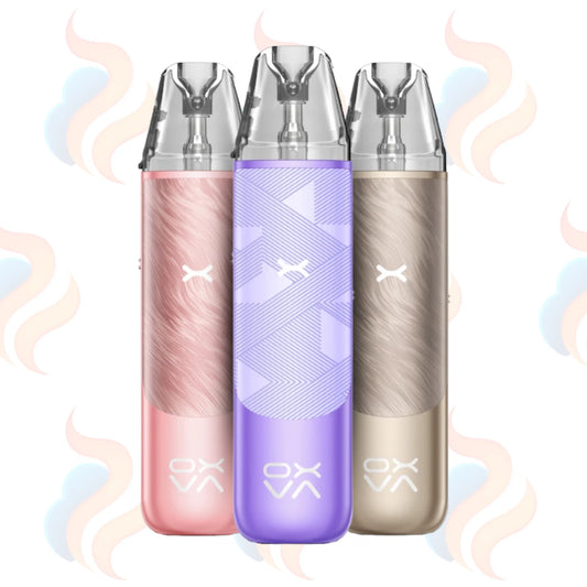 Three OXVA Nexlim Go vape devices in pink, purple, and beige on a white background with decorative elements.