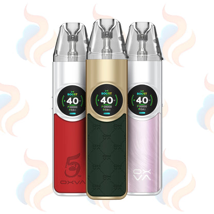 Three vape devices in red, gold, and pink with 'OXVA Nexlim' branding on a white background.