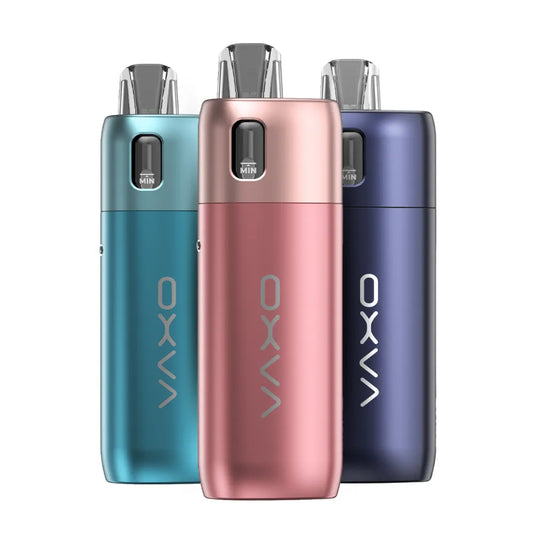 Three oneo devices in blue, rose gold, and purple on a white background