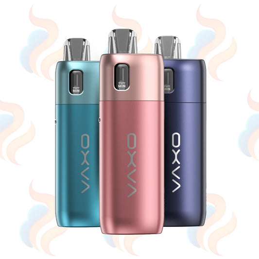Three OXVA oneo vape devices in blue, rose gold, and purple on a white background with subtle cloud designs.