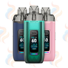 Three OXVA VPrime vaping devices in blue, green, and pink on a white background with decorative elements.