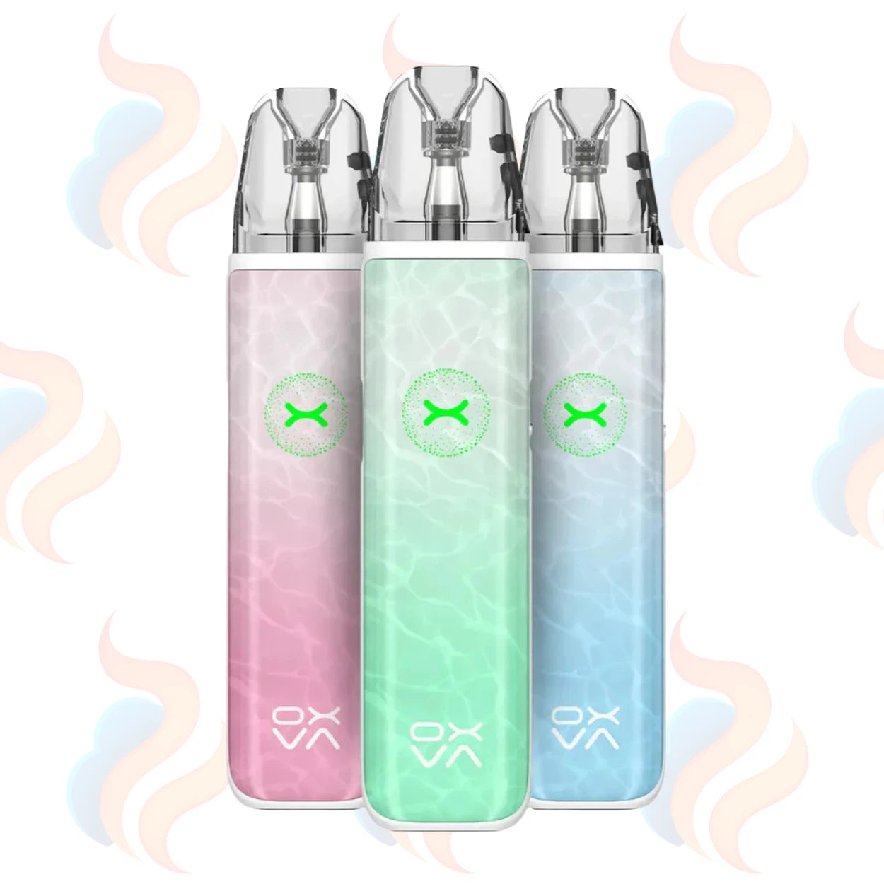 Three OXVA Xlim Go pastel-coloured vape devices with a brand logo on a light background