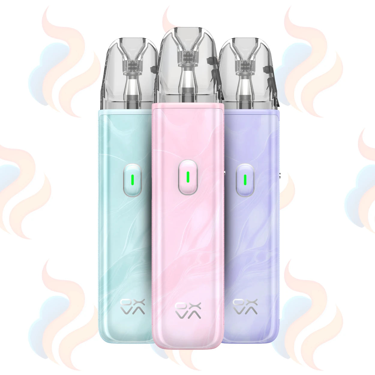 Three OXVA Xlim Lite pastel-coloured vape devices with a brand logo on a light background