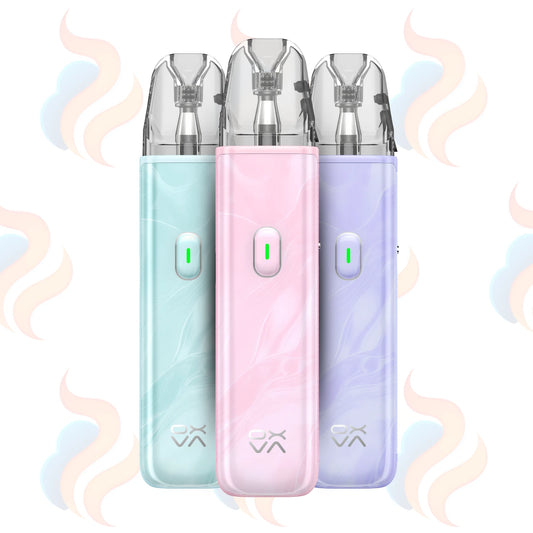 Three OXVA Xlim Lite pastel-coloured vape devices with a brand logo on a light background