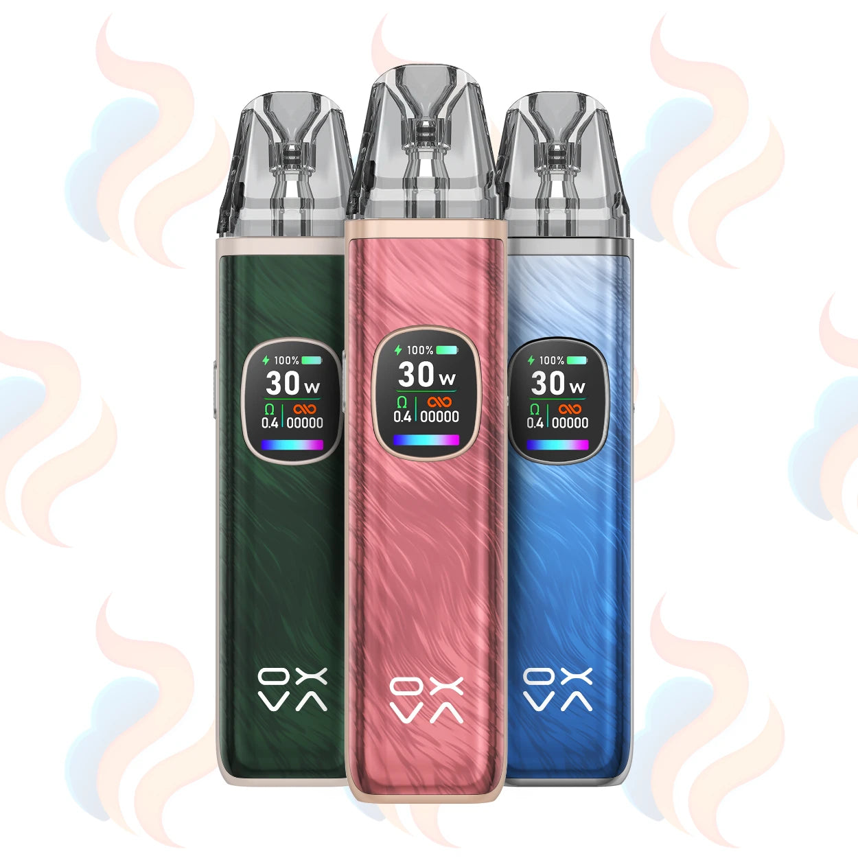 Three vape devices in green, red, and blue with 'OXVA Xlim Pro 2' branding on a white background.