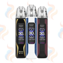 Three OXVA Xlim Pro 3 vaping devices with digital displays on a white background