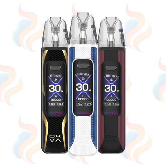Three OXVA Xlim Pro 3 vaping devices with digital displays on a white background