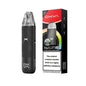 Black vape device with OXVA branding next to its packaging on a white background
