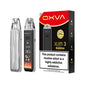 Two OXVA Xlim 3 Ultra in the colour "Metal Silver" with a LED screen beside black and red packaging on a white background.