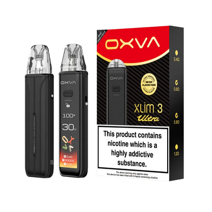 Two OXVA Xlim 3 Ultra in the colour "Midnight Black" with a LED screen beside black and red packaging on a white background.