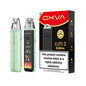 Two OXVA Xlim 3 Ultra in the colour "Mint Green" with a LED screen beside black and red packaging on a white background.