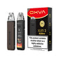 Two OXVA Xlim 3 Ultra in the colour "Mocha Brown" with a LED screen beside black and red packaging on a white background.
