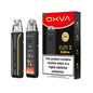 Two OXVA Xlim 3 Ultra in the colour "Ultra Carbon" with a LED screen beside black and red packaging on a white background.