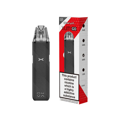 OXVA Xlim Go Black vape device with red and white packaging on a white background