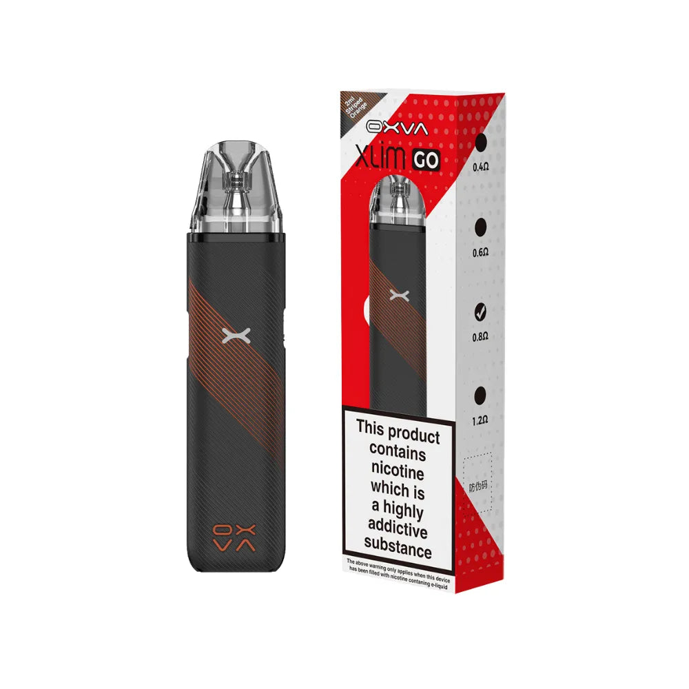 OXVA Xlim Go Black and red vape device with red and white packaging on a white background