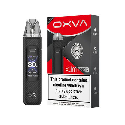 OXVA Xlim Pro 3 pod vape kit in the colour "Black Carbon" with black and red packaging on a white background