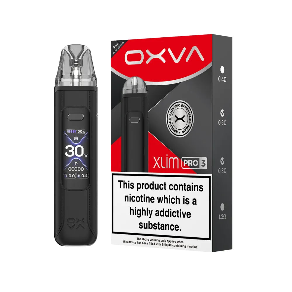 OXVA Xlim Pro 3 pod vape kit in the colour "Black Leather" with black and red packaging on a white background